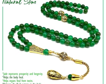 Green Jade Natural Stone Muslim Prayer Beads, Tesbih, Muslim Tasbih, Tasbeeh, Misbaha, Masbaha, Subha, Rosary Golden Tassel (8 mm 99 Beads)
