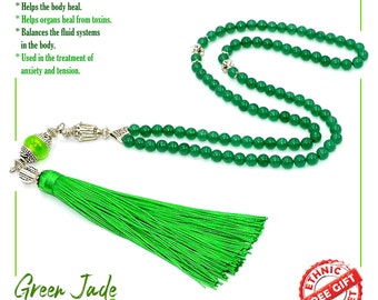 Green Jade Muslim Prayer Beads, Turkish Tasbih Rosary (6mm, 99 Beads)