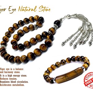 Tiger Eye Stone Prayer Beads and Bracelet, Tesbih, Muslim Tasbih, Tasbeeh, Misbaha, Masbaha, Subha, Worry Beads, Rosary (12 mm 33 Big Beads)