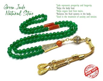 Green Jade Natural Stone Prayer Beads, Worry Beads, Tesbih, Tasbih, Tasbeeh, Misbaha, Masbaha, Rosary, Muslim Tasbih (6 mm-99 Small Beads)