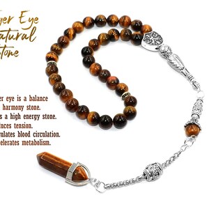Tiger Eye Stone Hexagon Tassel Worry Beads, Prayer Beads, Tesbih, Muslim Tasbih, Tasbeeh, Misbaha, Masbaha, Subha, Rosary (8 mm 33 beads)