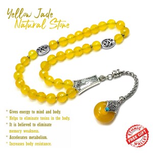 Malaysia Yellow Jade Stone and Teardrop Tassel Tesbih Worry Beads Stress Beads Prayer Beads Tasbih Tasbeeh Misbaha Subha (8 mm 33 Beads)