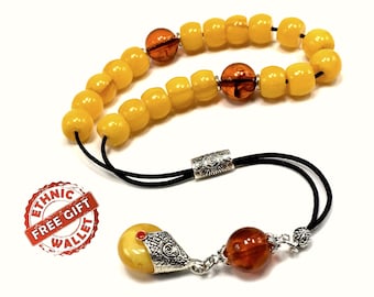 Greek KOMBOLOI, Worry Beads, Anxiety Beads, Relaxing Beads, Stress Relief Relaxation (Dark Yellow & Rust Resin Drum -13X9mm- 19 Big Beads)