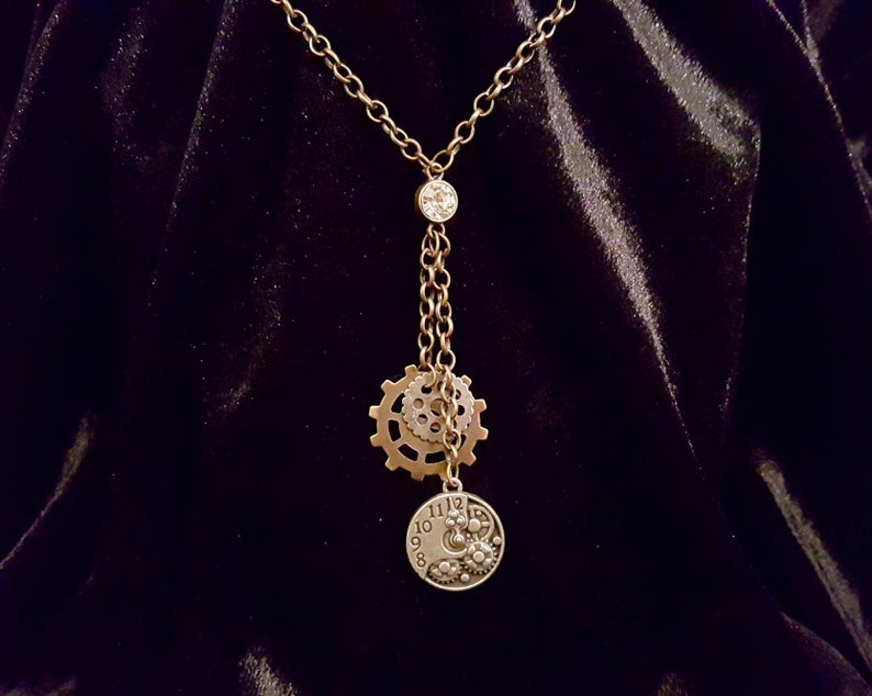 Elegant Handmade Unique Steampunk Gears Clock Tassel Pendant Rhinestone Bling Industrual Victorian Style Necklace