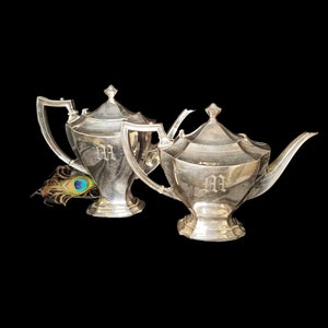 Antique Simpson Hall Miller & Co Monogram M Silver Teapot Coffee Pot Set