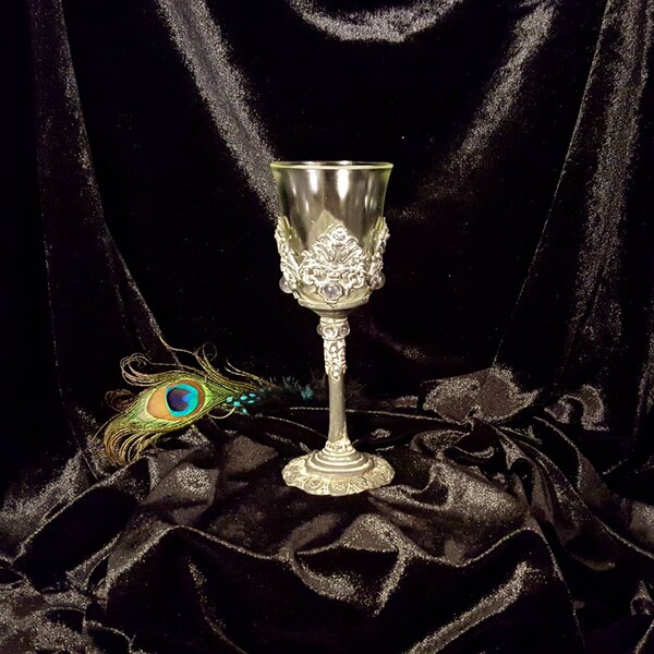 Vintage Handmade Medieval Renaissance Heavy Metal Ornate Jeweled Gem Rhinestone Glass Goblet Chalice Wine Cup Collectible Wedding Gift