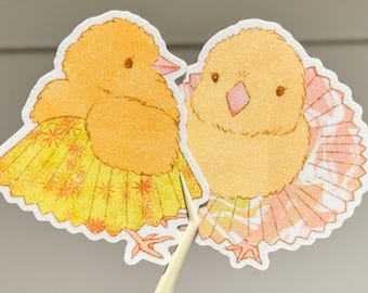 Chicks in mini skirts sticker set - chicken - glittered sticker