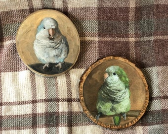 Tranche de bois peinte à l’huile originale - Peinture de perroquet quaker - Peinture à l’huile originale - Peinture d’oiseau - Peinture de perroquet - Peinture sur bois