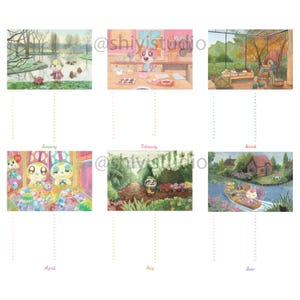 K&ouml;nnte beinhalten: Ein Aquarellkalender mit Illustrationen f&uuml;r jeden Monat. Die Bilder zeigen Tierfiguren in verschiedenen Umgebungen, darunter eine Szene am See, eine K&uuml;che und eine Bootsfahrt. Der Kalender umfasst die Monate Januar bis Juni.