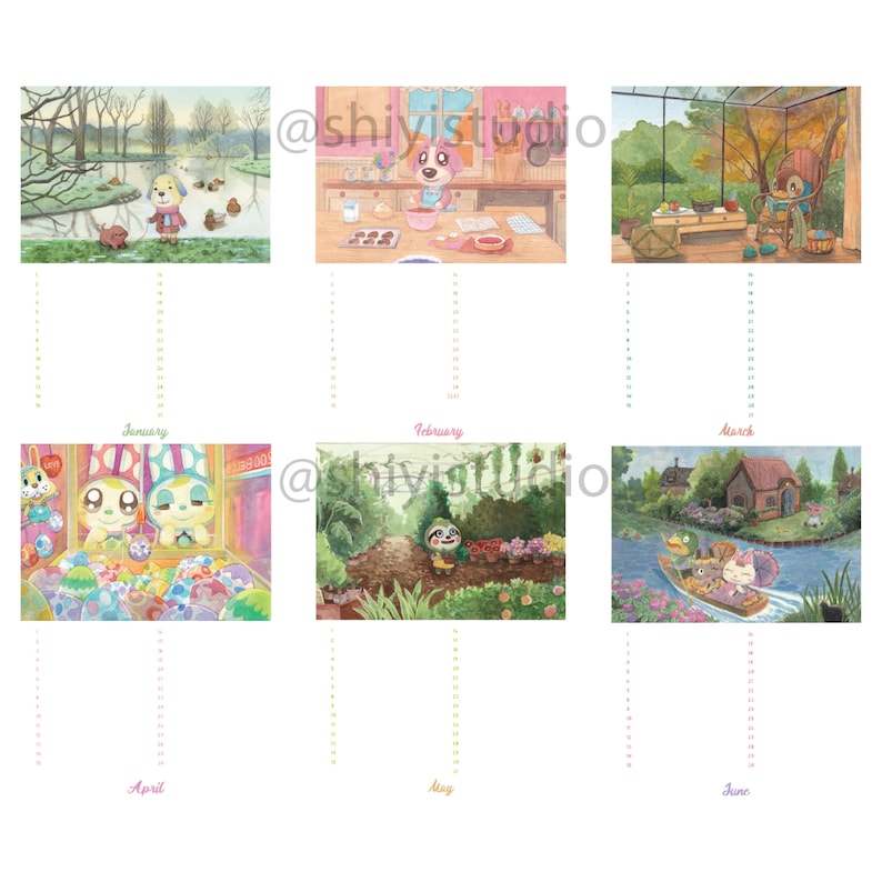 K&ouml;nnte beinhalten: Ein Aquarellkalender mit Illustrationen f&uuml;r jeden Monat. Die Bilder zeigen Tierfiguren in verschiedenen Umgebungen, darunter eine Szene am See, eine K&uuml;che und eine Bootsfahrt. Der Kalender umfasst die Monate Januar bis Juni.