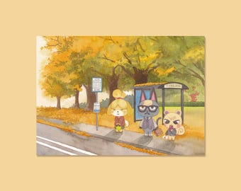 Bus Stop- animal crossing - acnh - A6 postcard - Prints - animal crossing new horizon