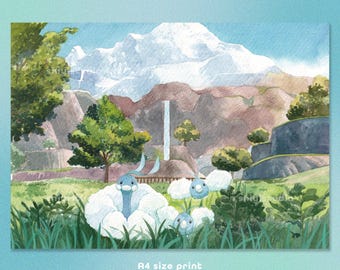 A4 Swablu - Altaria - Paper Poster - Watercolour illustration print on sturdy paper