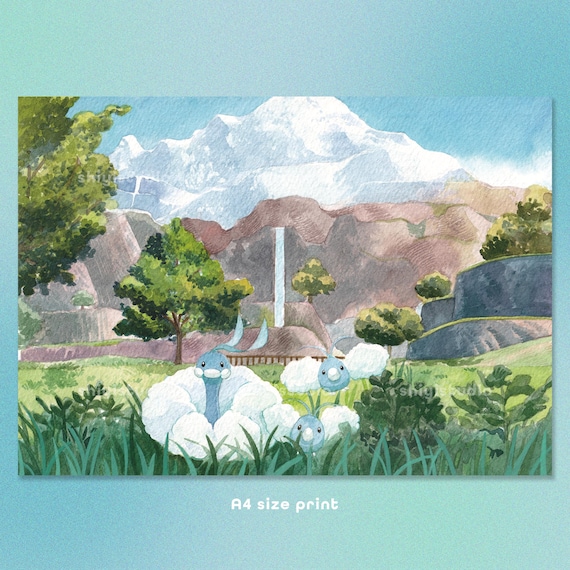 A4 Swablu - Altaria - Paper Poster - Watercolour illustration print on sturdy paper