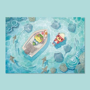 May include: Watercolor illustration of a frog in a boat and a bear floating in the water. The scene is set in a turquoise ocean with fish, stingrays, and coral. The frog wears sunglasses and a Hawaiian shirt.