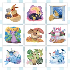 Eeveelution Prints - Eeveelutions Family - Aquarel - Set van 9 - Eevee - Pokemon - Eevee-kaart