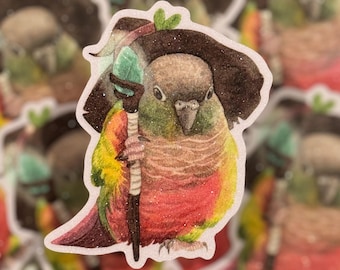 Pegatina de loro conure con purpurina: Birb Wizard DND - 8 cm