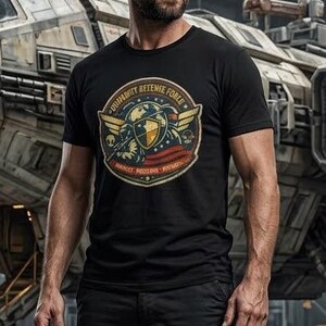 Humanity Defense Force emblem T-Shirt | Space Shield Badge, Retro Alien Patch