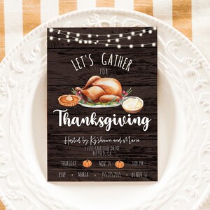 Editable Rustic Thanksgiving Invitation Template Instant Download Friendsgiving Invite, Watercolor Turkey Pumpkin and Pie Printable Templett