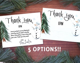 Wintery Theme Christmas and Holiday Thank You Card from teacher to students and staff, Snowman and Christmas Pine Tree Thank you Postcard