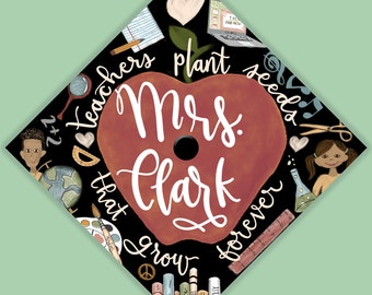 Custom Name Elementary Teacher Apple Grad Cap Topper, Digitally Painted, Printed Grad Cap Topper, Grad Gift. Hand Lettered Grad Cap