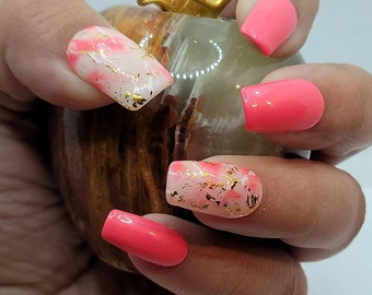 Flamingo Pink Marble press on / glue on nails, Ready to Ship