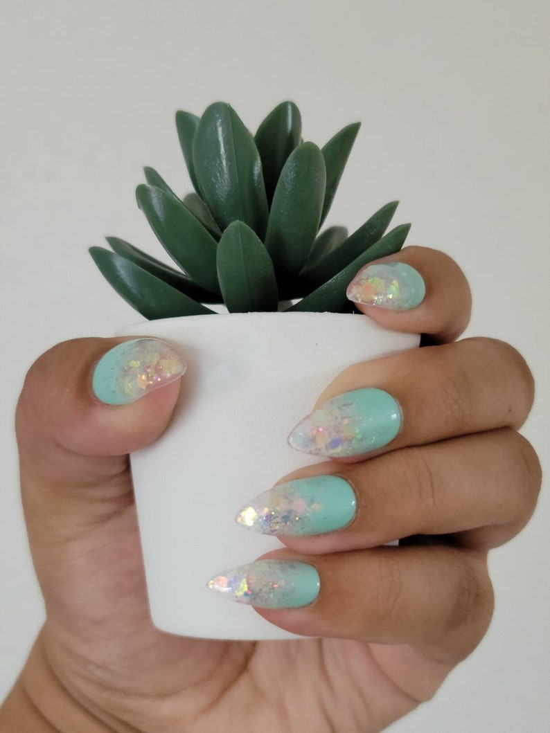 Mint Shimmer and Glitter Ombre Press On/Glue On Nails image 2