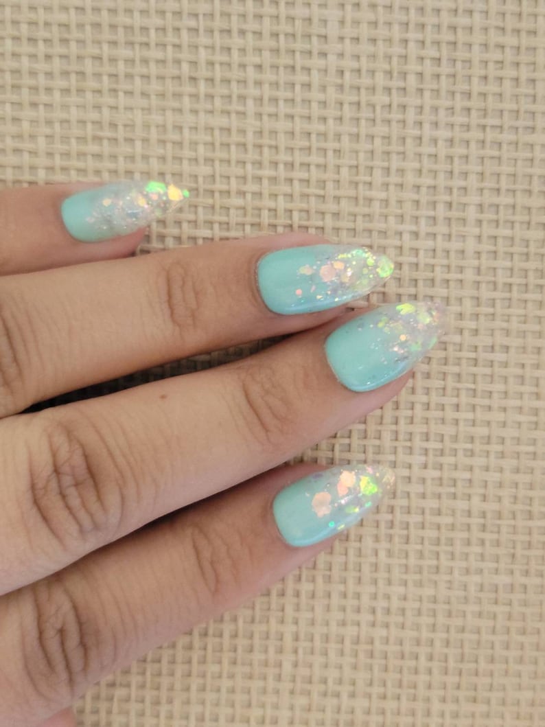 Mint Shimmer and Glitter Ombre Press On/Glue On Nails image 3