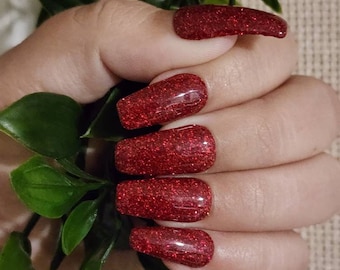 Red Glitter press on / glue on nails