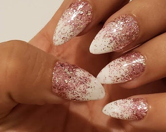 Rose Gold Glitter with White and Beige base Press On/Glue On Nails