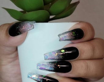 Black and Glitter Ombre Press On/Glue On Nails