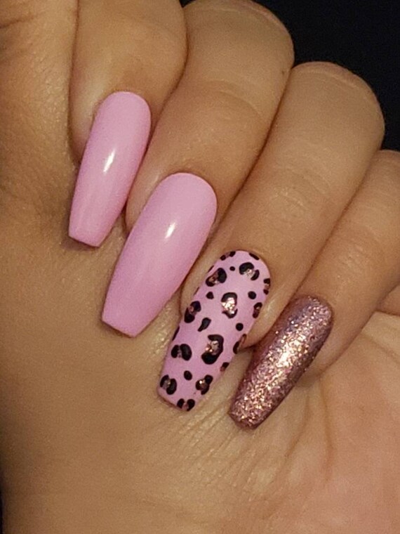 Pink Leopard With Rose Gold Glitter Press On glue on Nails Etsy