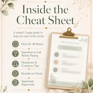 May include: A document titled Inside the Cheat Sheet with a list of topics including First 24-48 Hours, Questions to Ask Before Paying, Headstone & Cemetery Tips, Benefits to Check, and Important Paperwork, displayed on a clipboard with floral accents.