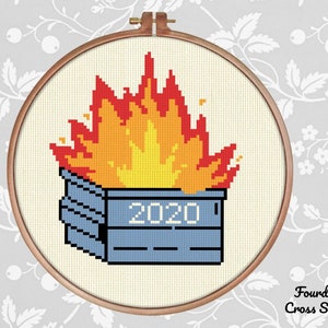 2020 Müllcontainer Feuer lustiges Kreuzstichmuster zum sofortigen Download [Kreuzstich, Nadelspitze, Stickerei]