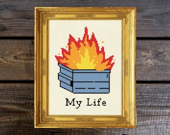 Mülltonne Feuer Kreuzstich-Muster: Lustiges My Life Design (Instant Download)