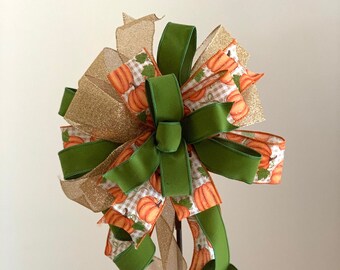 Fall Pumpkin and Green Bow, Fall Bow, Bow for Fall Wreath, Large Wreath Bow, Fall Lantern Mailbox Bow, Pumpkin Bow, Thanksgiving Decor Bow