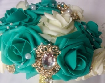 Gold Rhinestone Brooch Bouquet with Teal and Ivory Real Touch Roses, , Prom Bouquet, Wedding Accesories, Dance Bouquet, Bridesmaid Flower,
