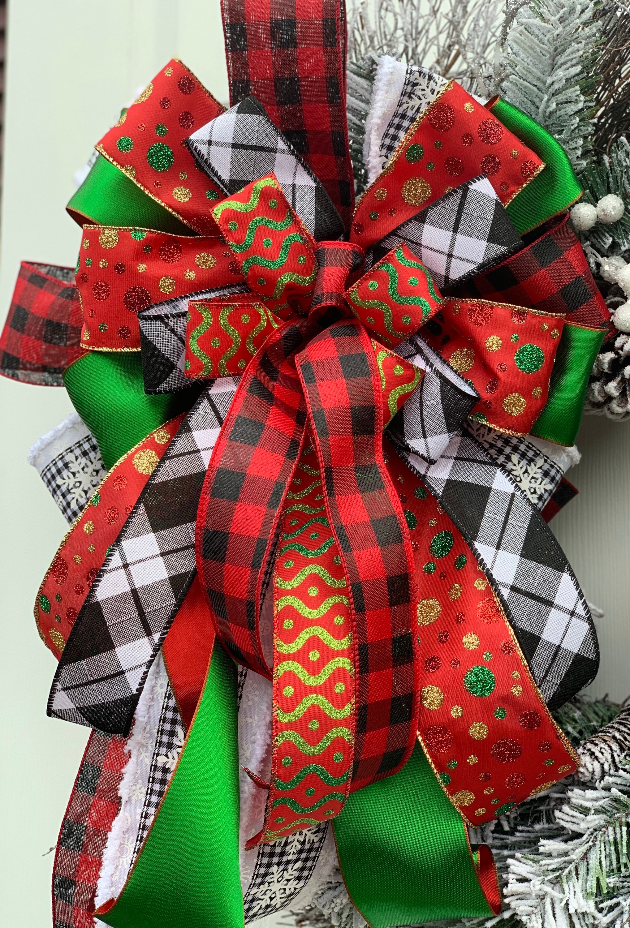 Buffalo Plaid Bow, Christmas Wreath Bow, Lantern Bow, Christmas Tree Bow, Black and White