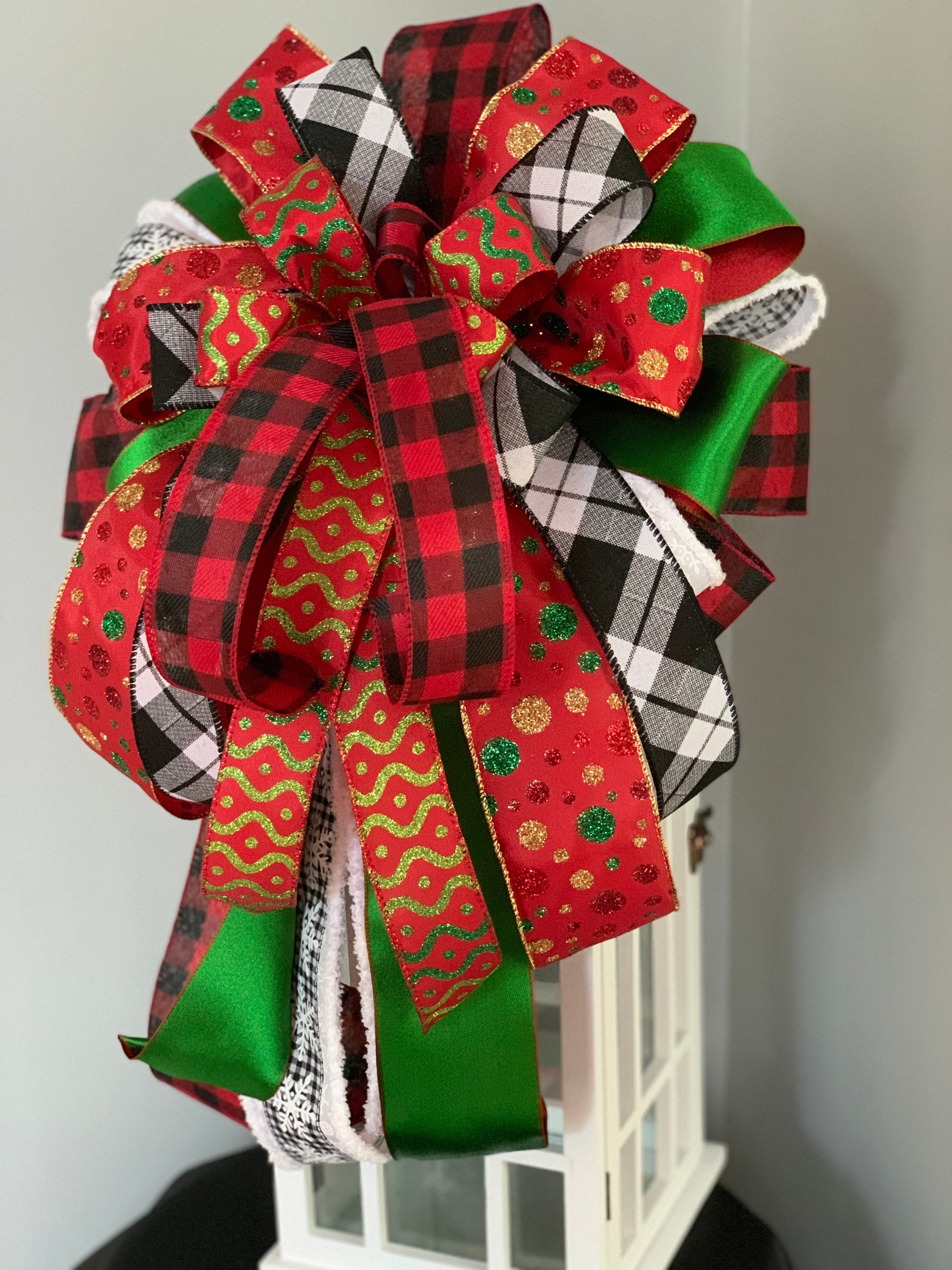 Buffalo Plaid Bow, Christmas Wreath Bow, Lantern Bow, Christmas Tree Bow, Black and White