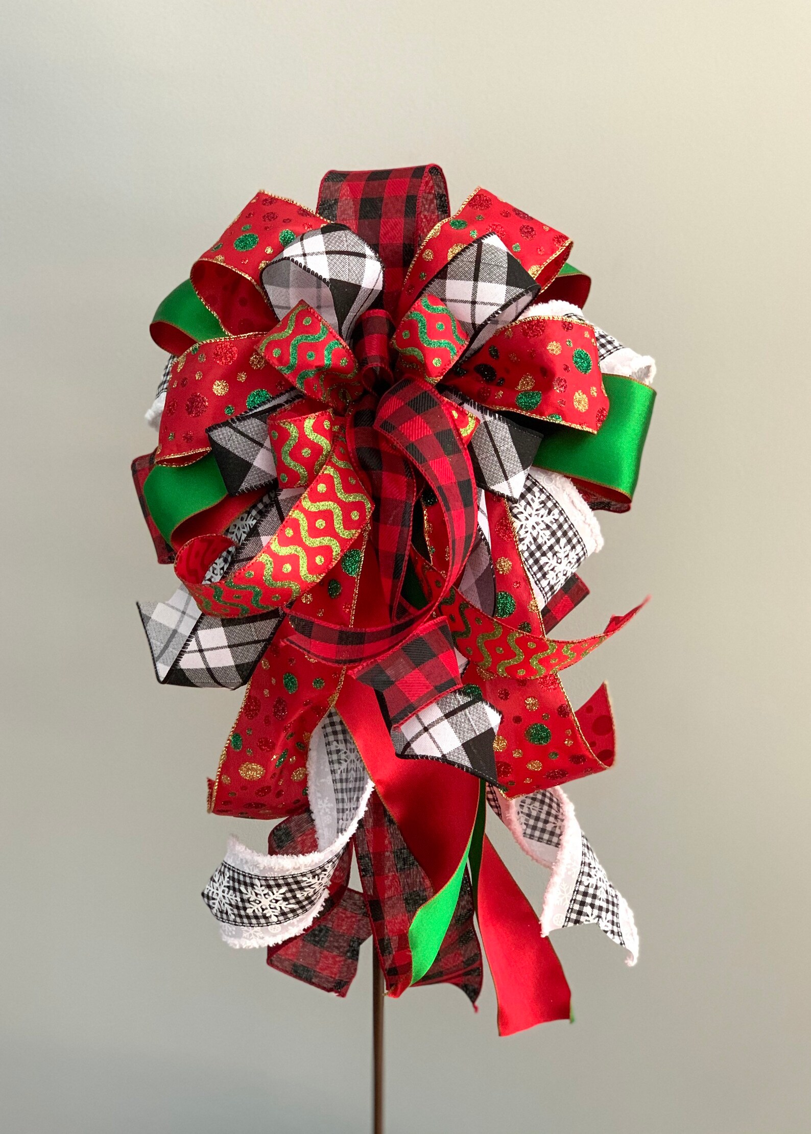Buffalo Plaid Bow, Christmas Wreath Bow, Lantern Bow, Christmas Tree Bow, Black and White