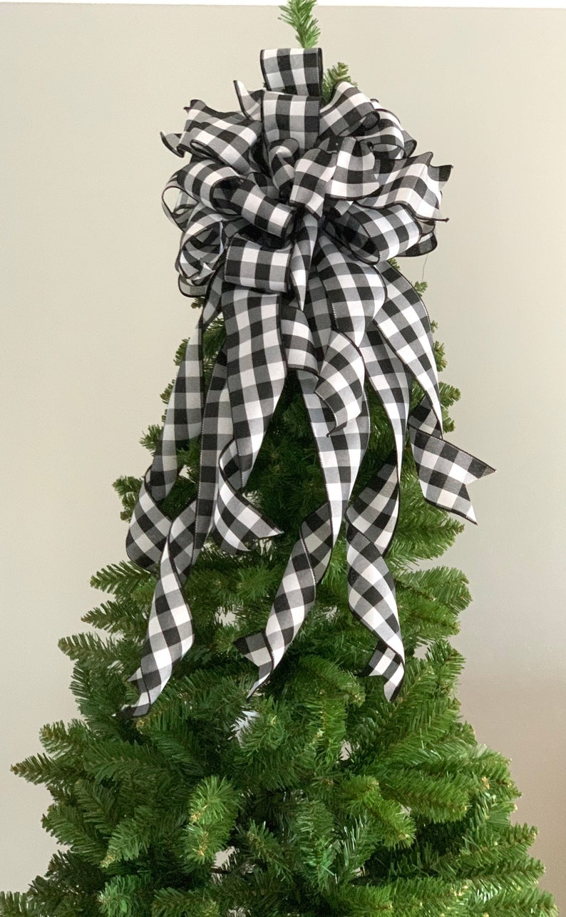 Lantern Bow Farmhouse Bow Tree Topper Caroline Buffalo Check Bow Ribbon Topper Small Bow Long Streamer Bow Christmas Tree Bow