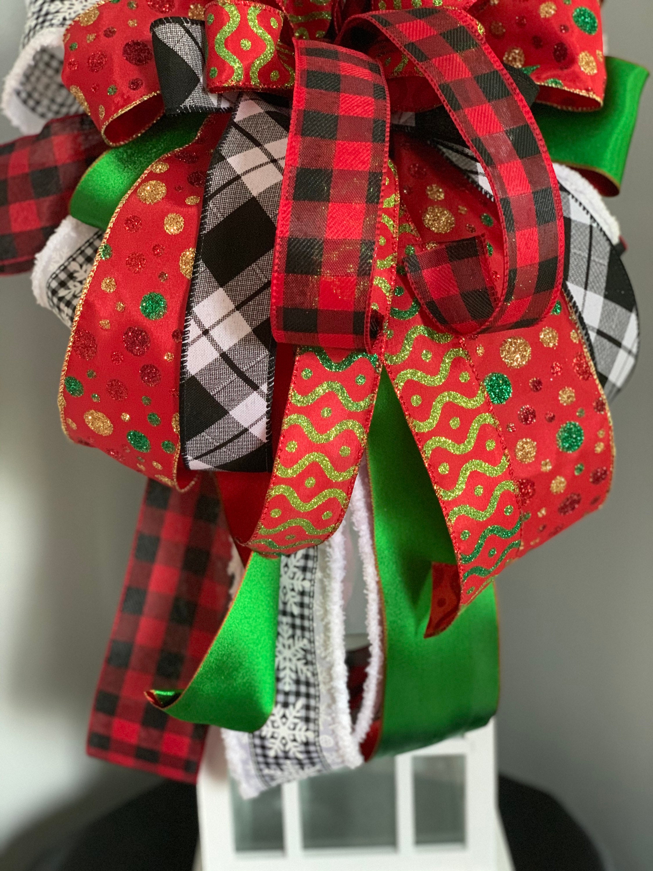 Buffalo Plaid Bow, Christmas Wreath Bow, Lantern Bow, Christmas Tree Bow, Black and White