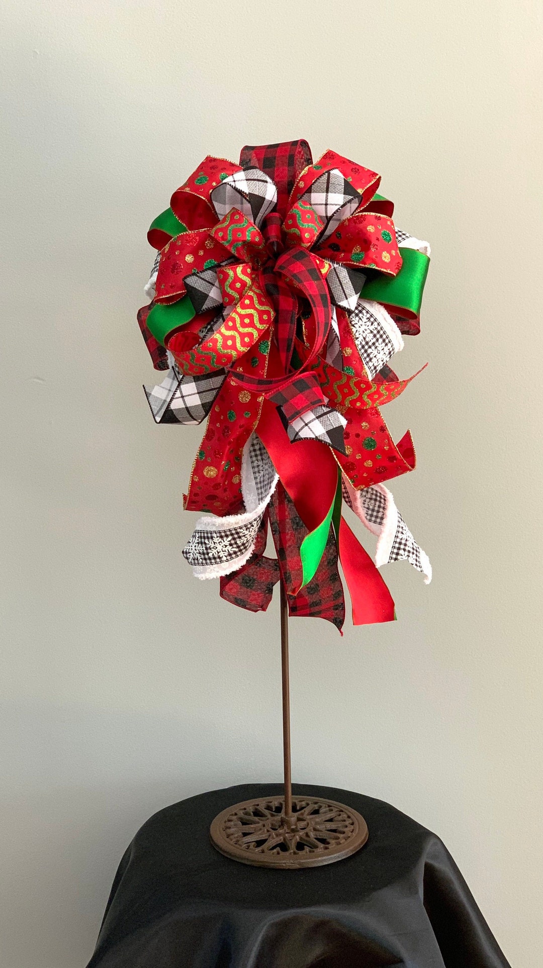 Buffalo Plaid Bow, Christmas Wreath Bow, Lantern Bow, Christmas Tree Bow, Black and White