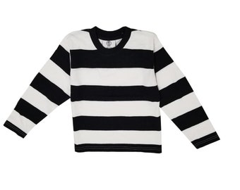 Mens Black & White Striped T-Shirt Cosplay Costume Convict Prisoner Mime Pirate