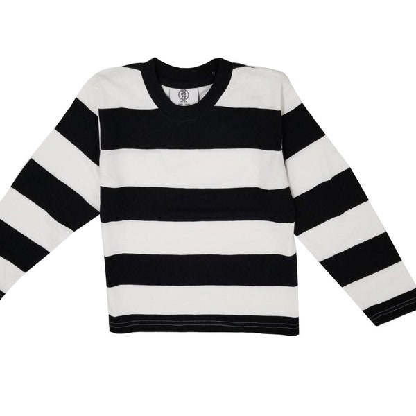 Mens Black & White Striped T-Shirt Cosplay Costume Convict Prisoner Mime Pirate