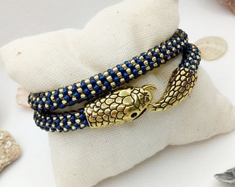 Gold Blue Snake Wrap Bracelet for Women, Beaded Ouroboros Bracelet, Serpent Jewelry, Handmade Bracelet