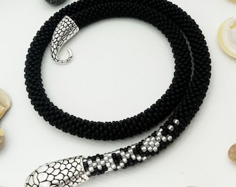 Gothic Serpent Choker Necklace Beaded Statement Jewelry | Ouroboros Snake Asymmetric Artisan Necklace Gift for Women