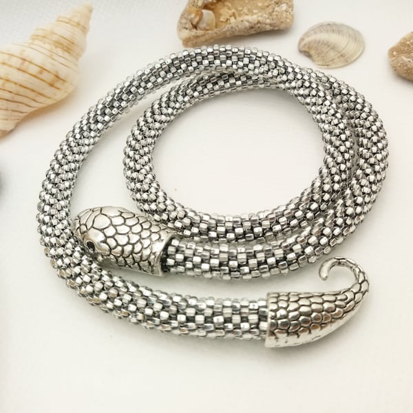 Snake Choker Necklace Silver, Ouroboros Necklace for Women, Serpent Beaded Jewelry