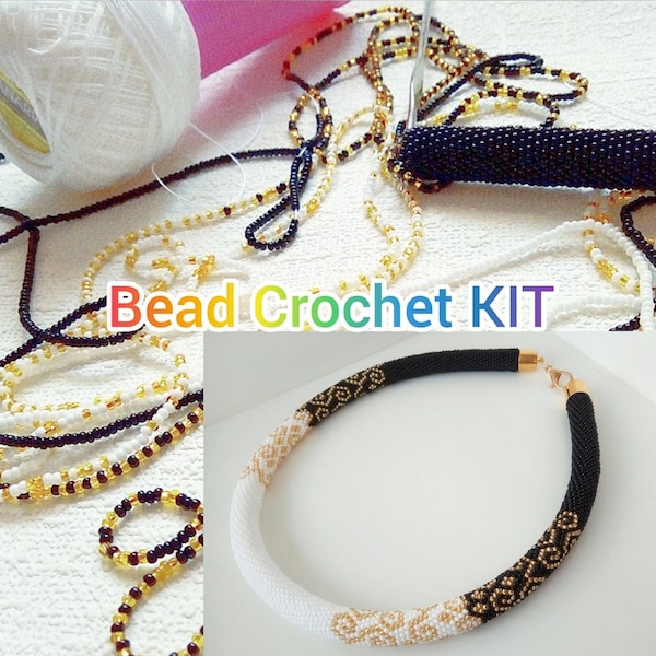 Crochet KIT Halskette machen Kit, KIT Perlen häkeln schwarz und schwarz Seil Halskette machen, DIY Erwachsene Handwerk