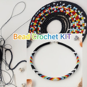 Crochet kits for adults "Colorful beaded necklace", Craft kit to Make Beaded crochet jewelry,  DIY KIT making kit necklace