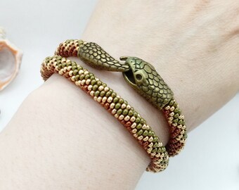 Bracelet perlé serpent femme, bracelet Ouroboros hommes, bracelet serpent, bracelet perle de bronze, bijoux Wiccan, bracelet python, serpent Brassard